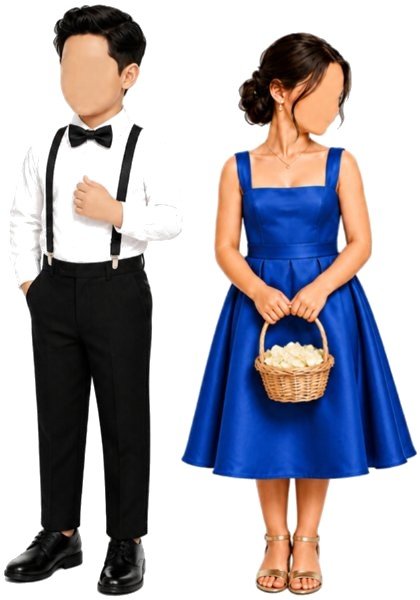 Bearer in a white shirt, black suspenders and bow tie, and flower girl in a royal blue dress
