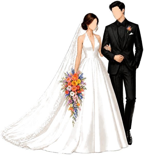 Bride in a white gown and groom in a black suit