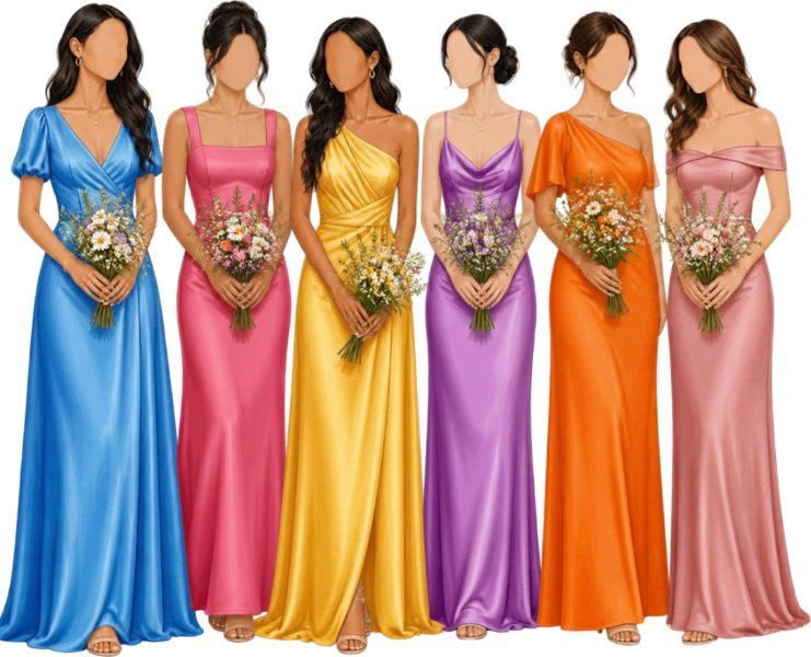 Bridesmaids in blue, pink, yellow, violet, orange and rose gowns