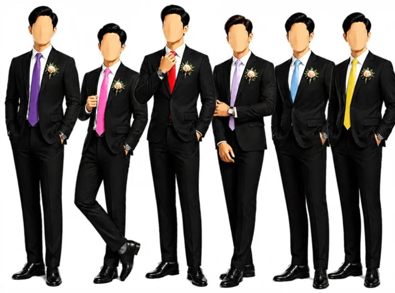 Groomsmen in black three-piece suits