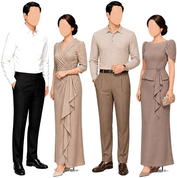 Guests in smart casual earth tones: white shirt with black trousers, beige and taupe dresses, and a beige polo with brown trousers