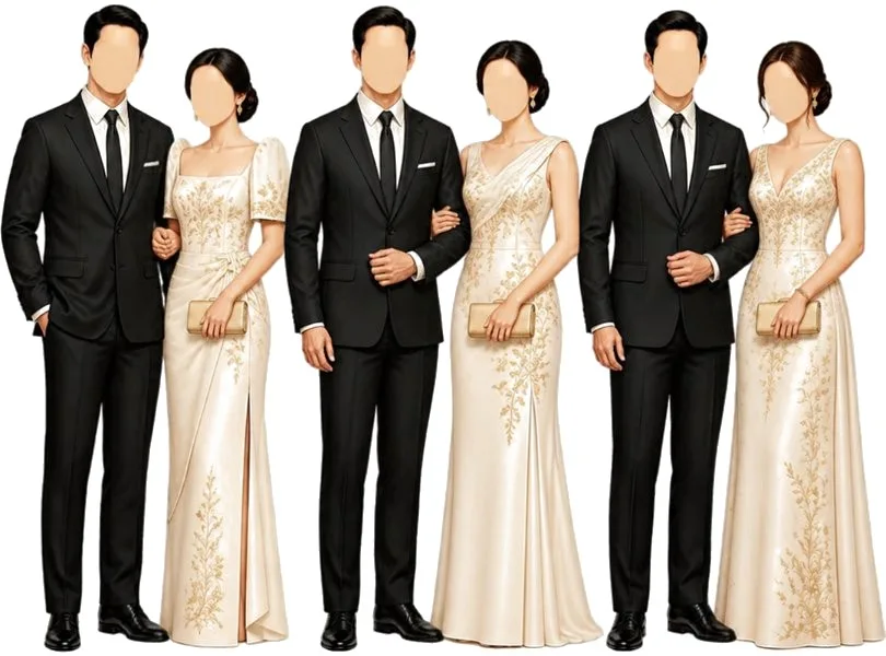 Ninong in black suits and Ninang in embroidered champagne gowns