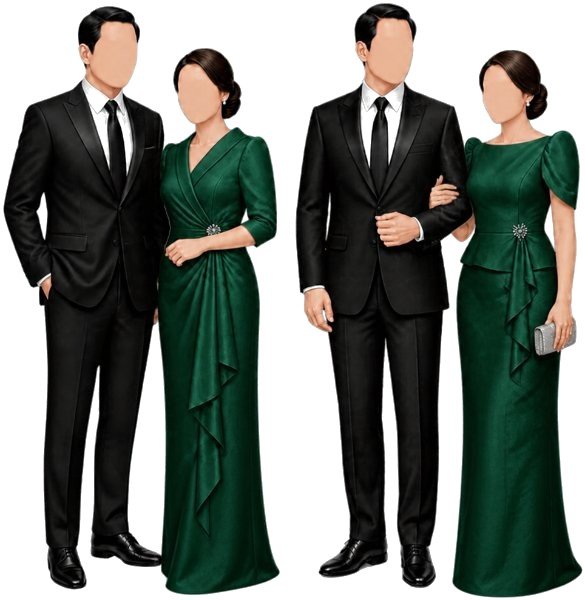 Parents in black suits and emerald green gowns